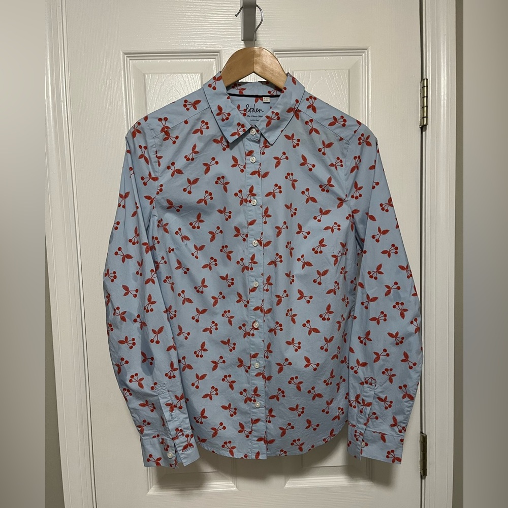Boden, The Classic Shirt, US Size 8R, Blue with Cherries